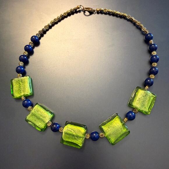 Vibrant Green Dark Blue Glass Beaded Artisan Collar Necklace - Picture 3 of 8